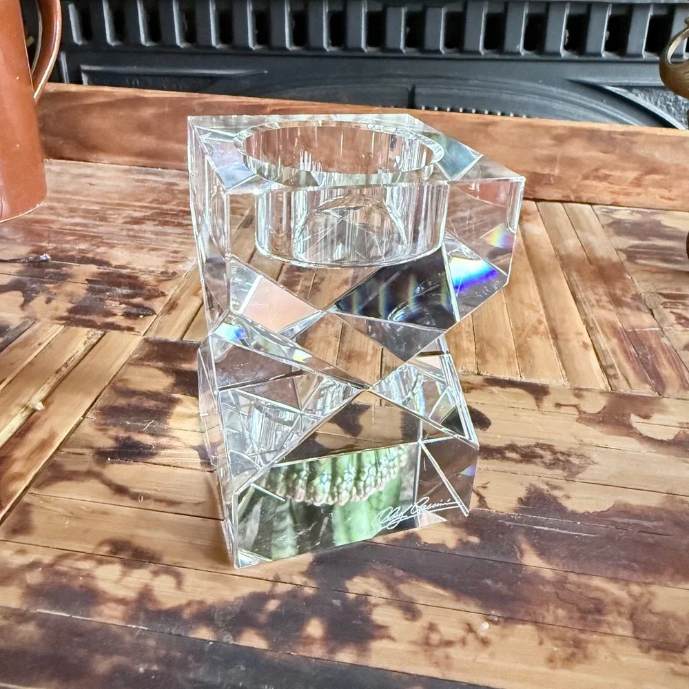 Oleg Cassini Crystal Geometric Votive Tealight Candle Holder - Signed Art Glass